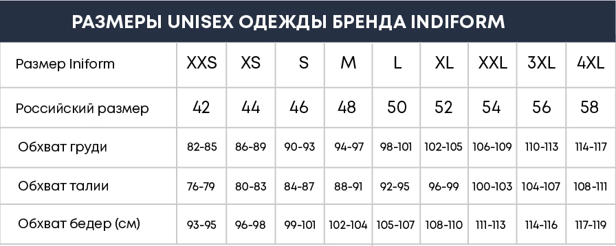 Таблица размеров indiform унисекс